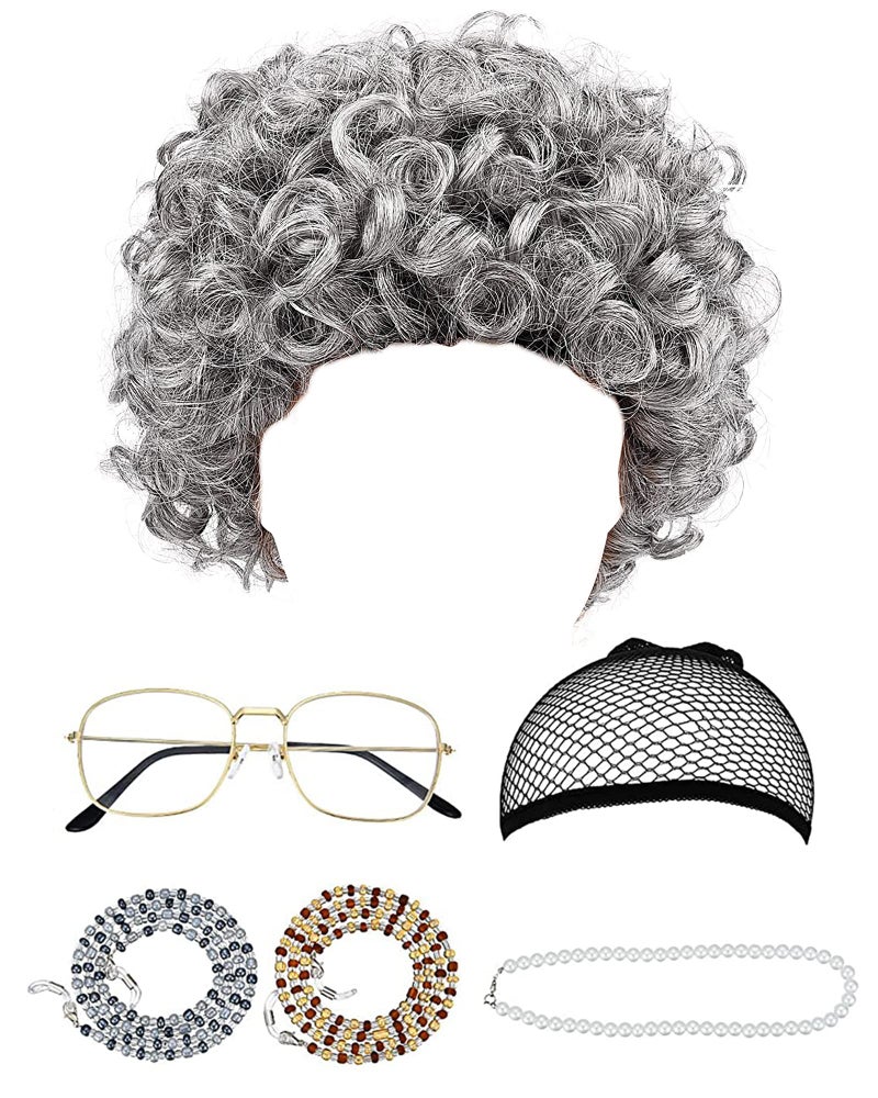 HESTYA 6 Pieces Grandma Costume Wig Old Lady Wig Halloween Cosplay Accessories for Dress up(Style Set 3) - Image 1